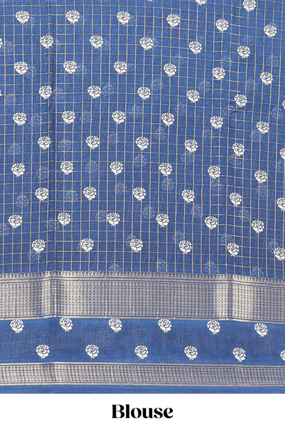 Blue marsh georgette saree with zari checks and floral printed pallu