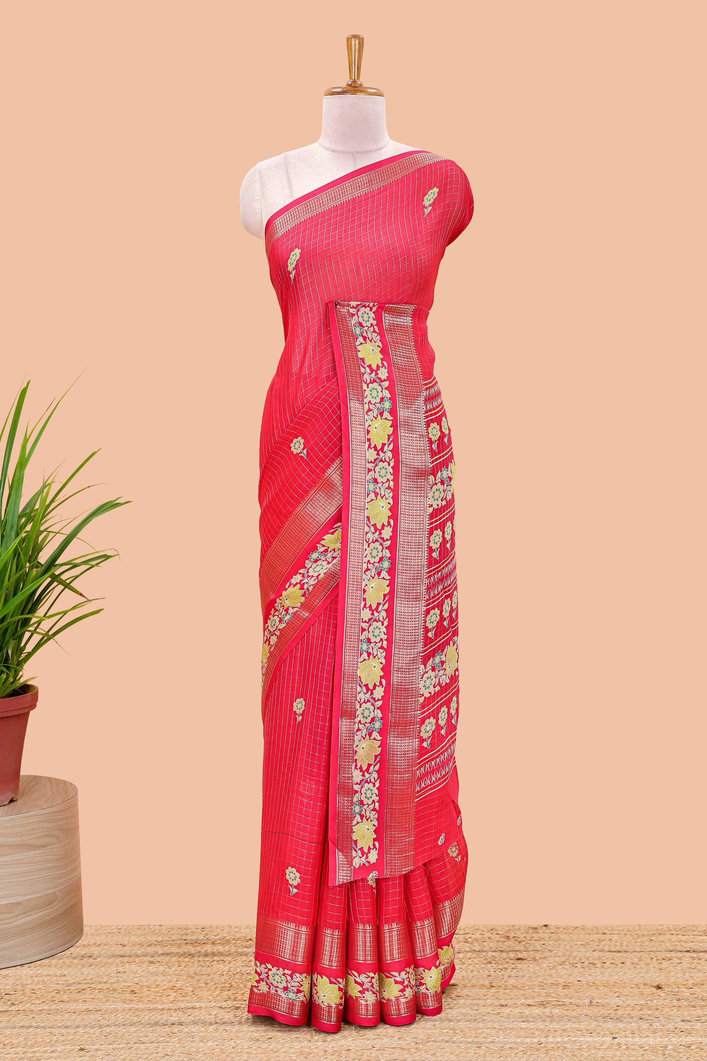 Red marsh georgette saree with zari checks and floral printed pallu