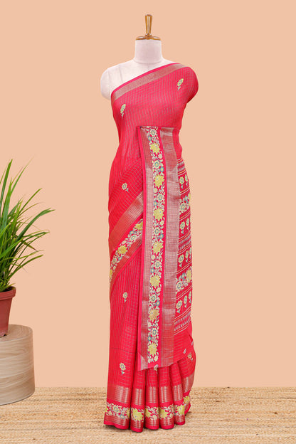 Red marsh georgette saree with zari checks and floral printed pallu