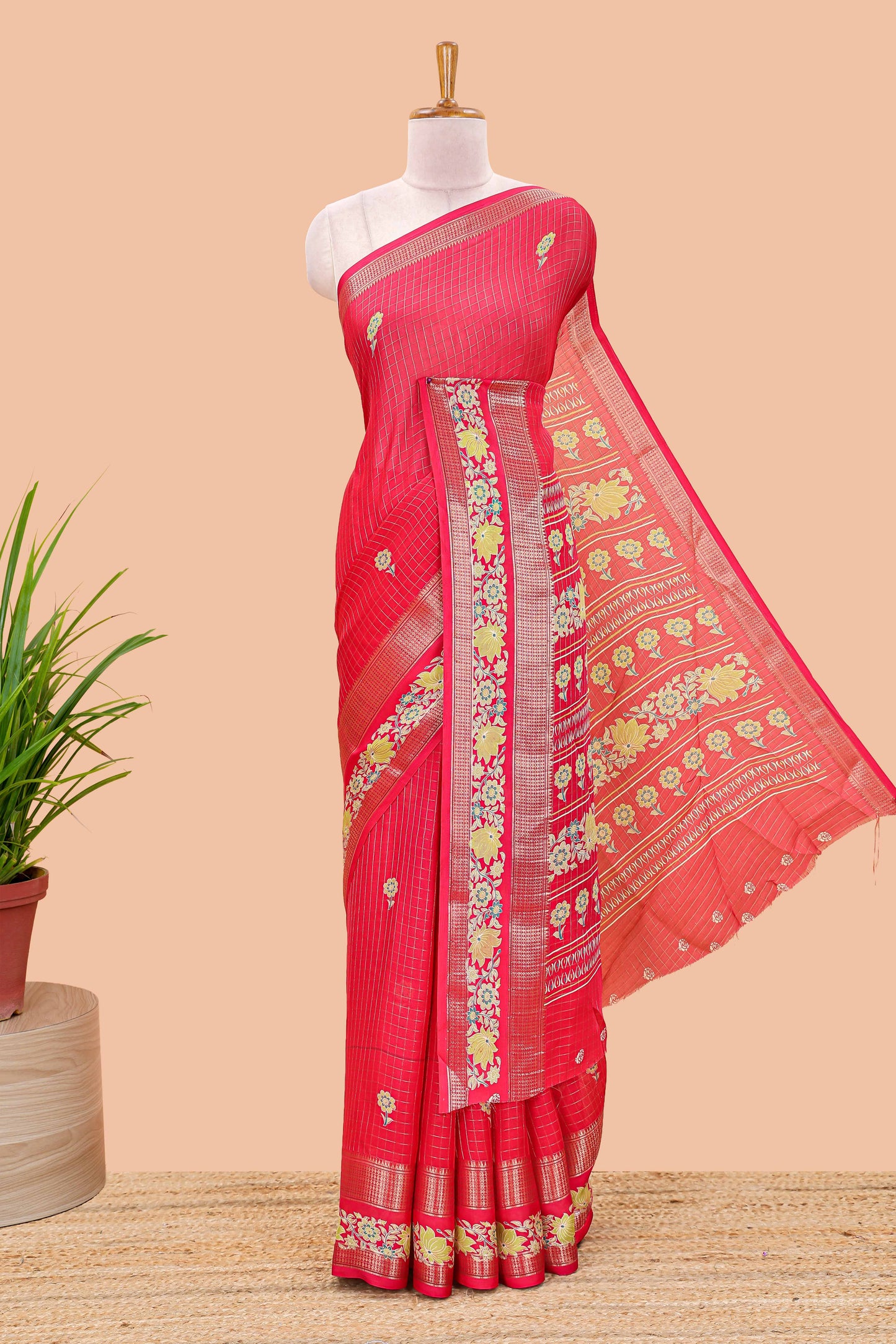 Red marsh georgette saree with zari checks and floral printed pallu