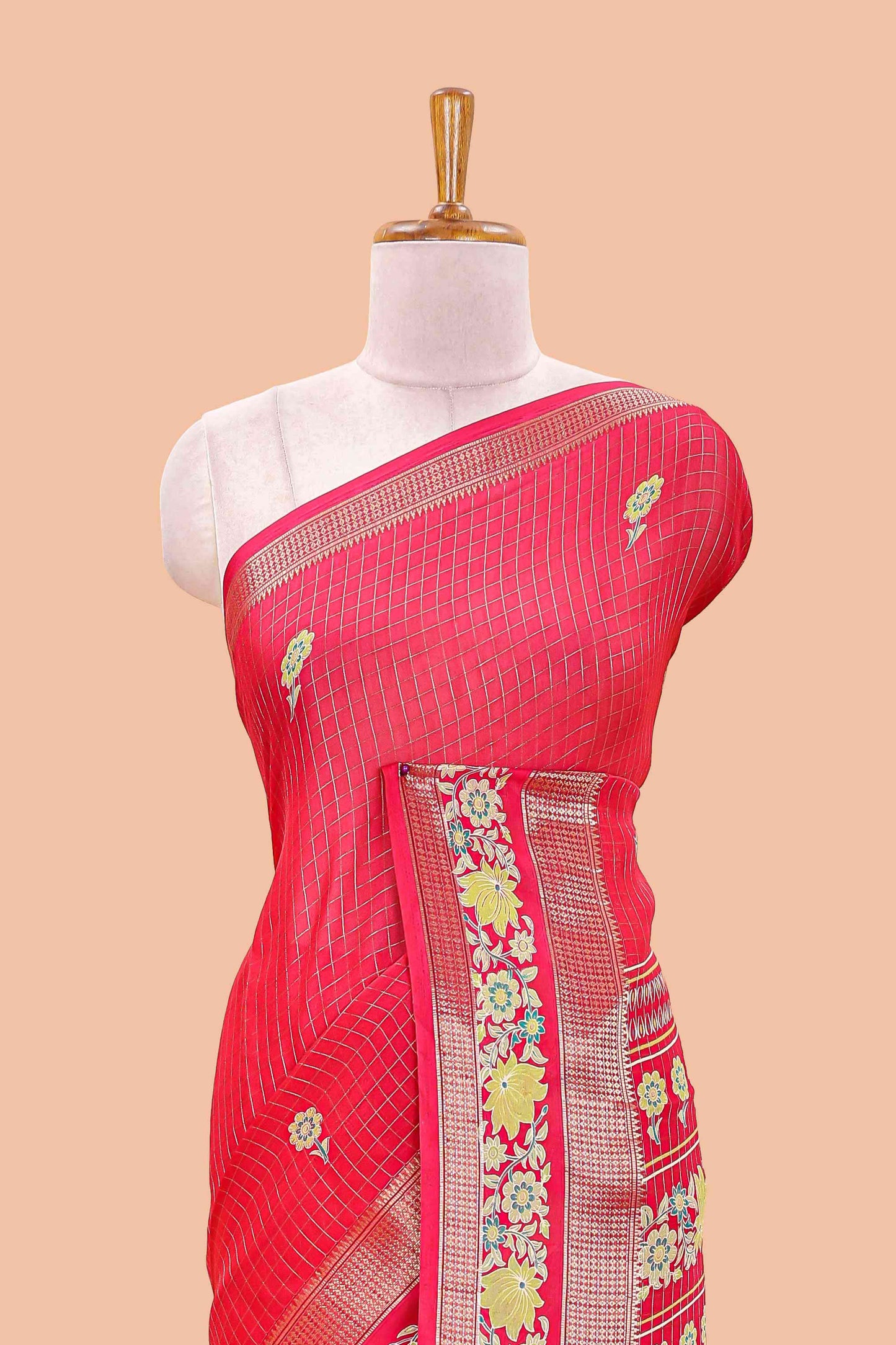 Red marsh georgette saree with zari checks and floral printed pallu
