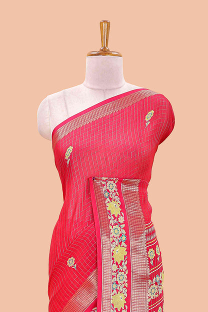 Red marsh georgette saree with zari checks and floral printed pallu
