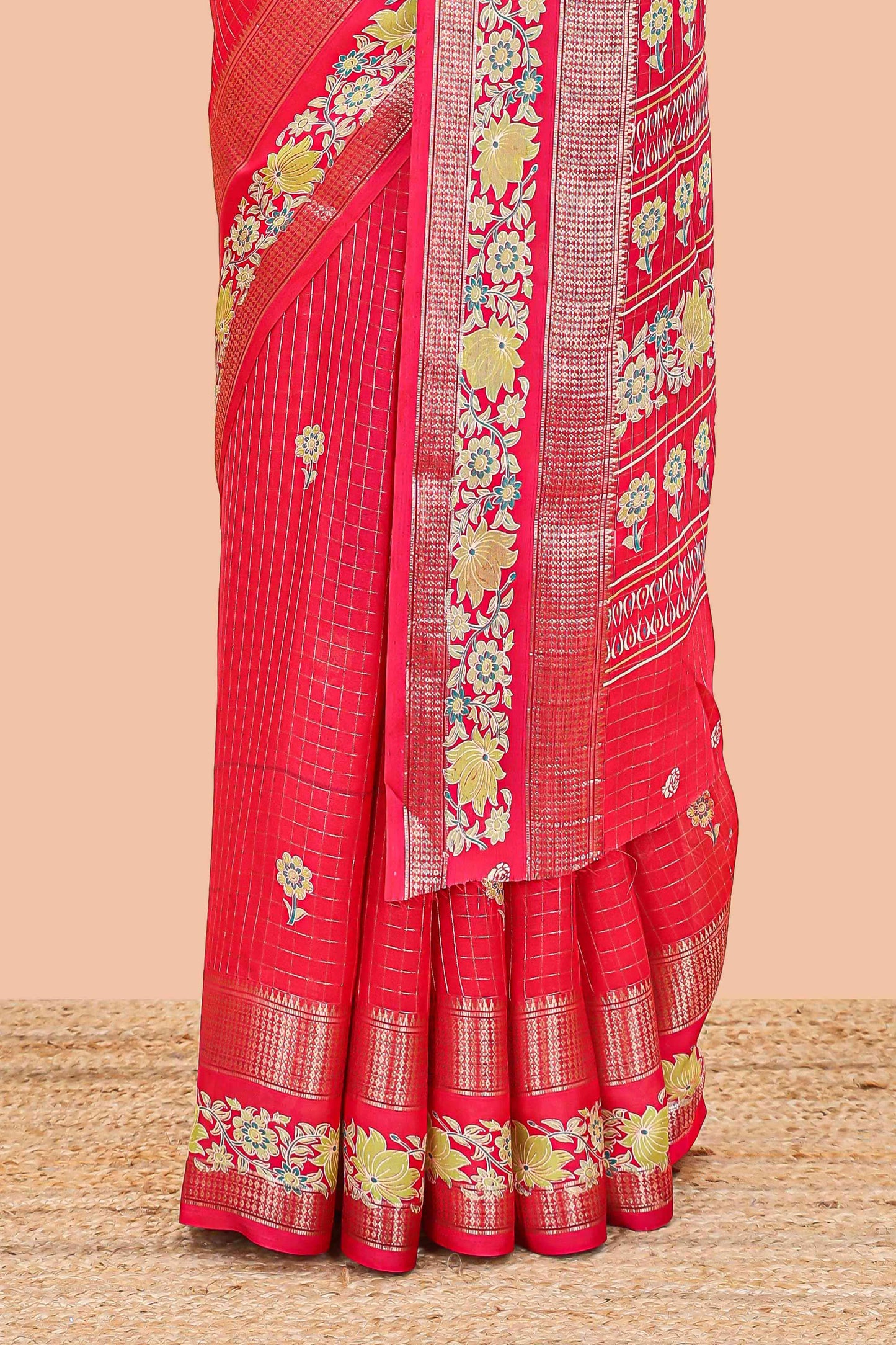 Red marsh georgette saree with zari checks and floral printed pallu