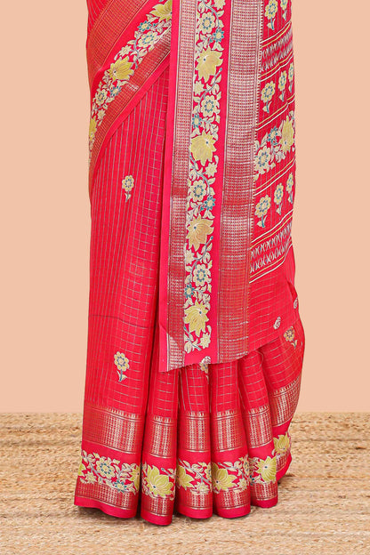 Red marsh georgette saree with zari checks and floral printed pallu