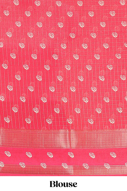 Red marsh georgette saree with zari checks and floral printed pallu