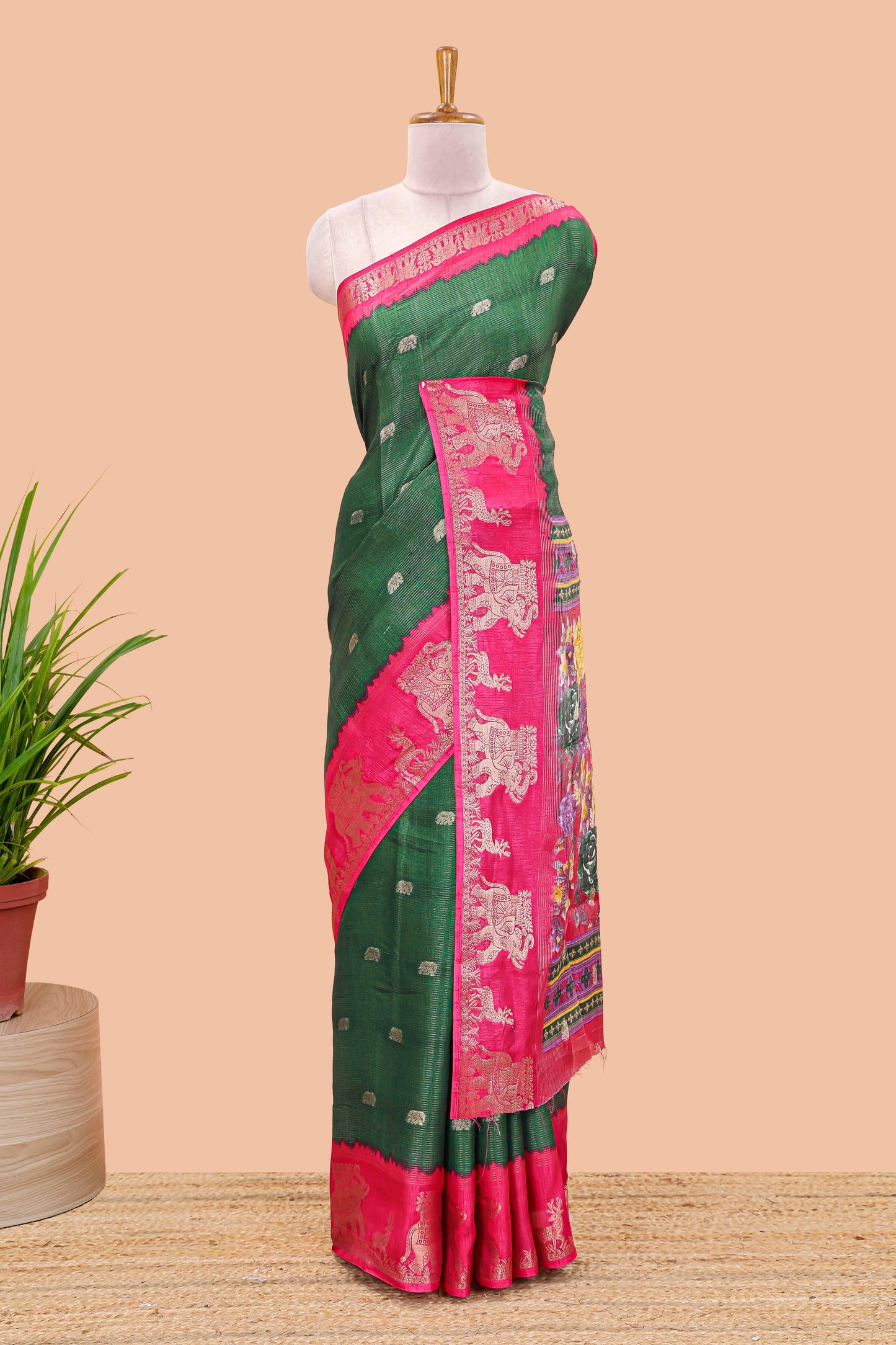 Green dola silk saree with elephant butta design and kalamkari print blouse