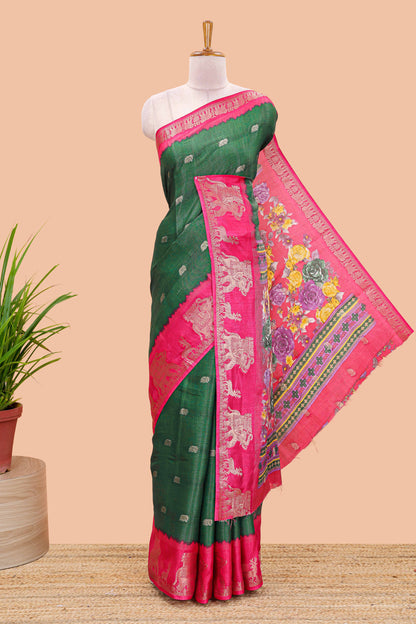 Green dola silk saree with elephant butta design and kalamkari print blouse