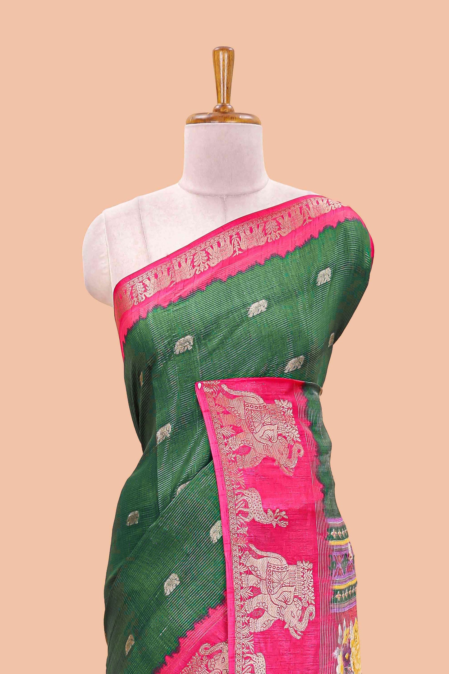 Green dola silk saree with elephant butta design and kalamkari print blouse