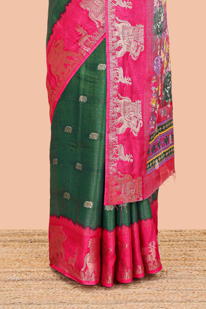 Green dola silk saree with elephant butta design and kalamkari print blouse