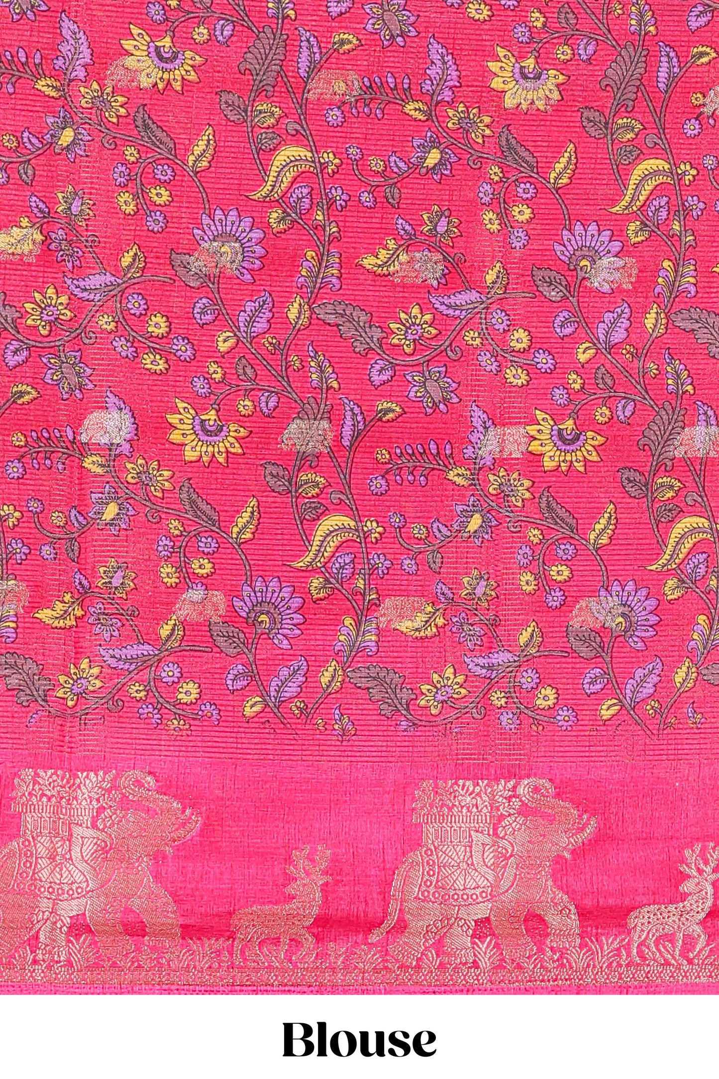 Green dola silk saree with elephant butta design and kalamkari print blouse