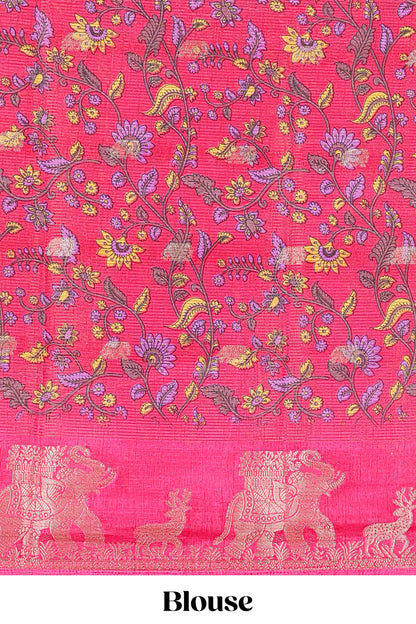 Green dola silk saree with elephant butta design and kalamkari print blouse