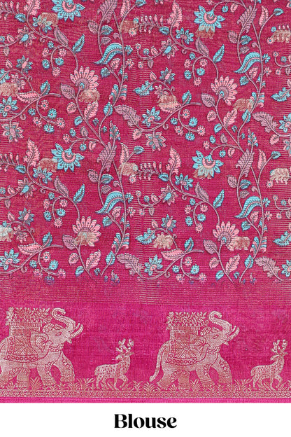 Yellow dola silk saree with elephant butta design and kalamkari print blouse