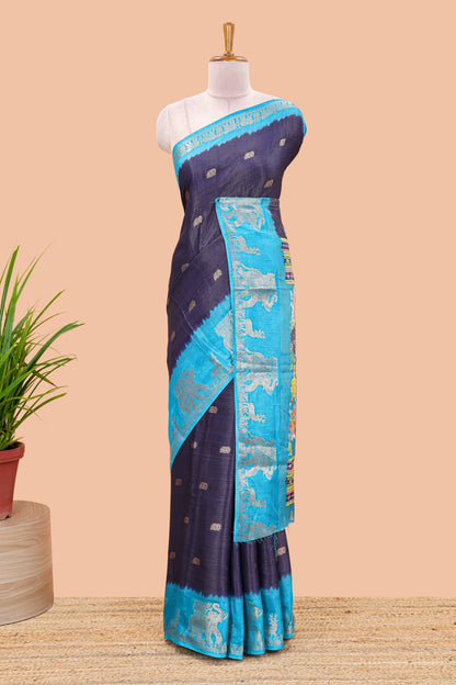 Navy blue dola silk saree with elephant butta design and kalamkari print blouse