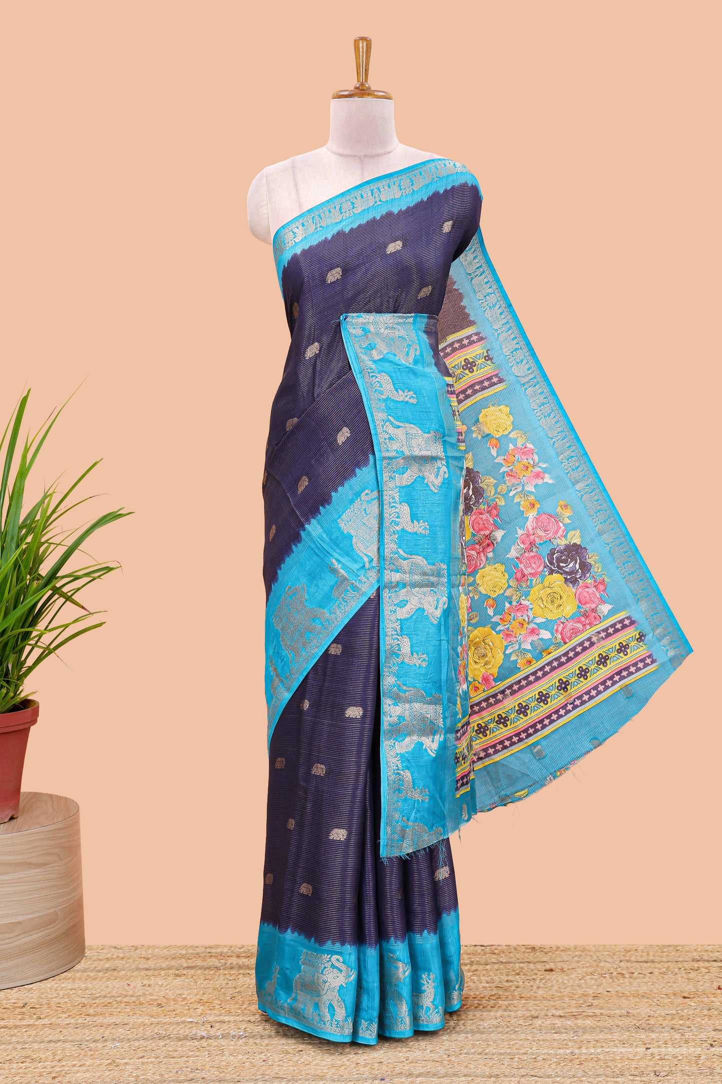 Navy blue dola silk saree with elephant butta design and kalamkari print blouse