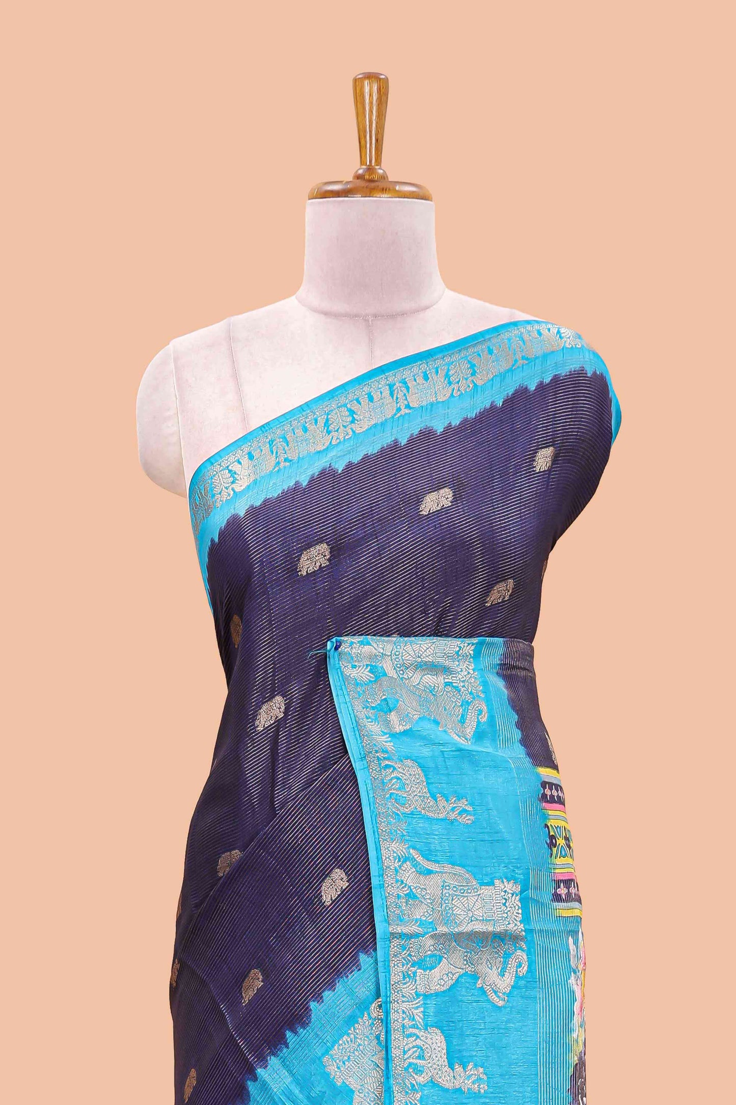 Navy blue dola silk saree with elephant butta design and kalamkari print blouse