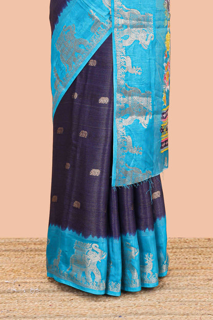 Navy blue dola silk saree with elephant butta design and kalamkari print blouse