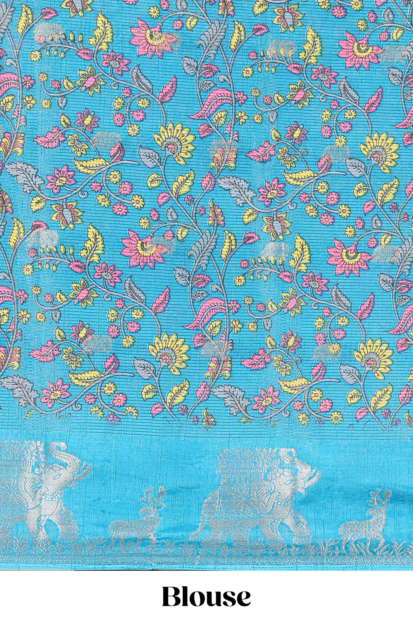 Navy blue dola silk saree with elephant butta design and kalamkari print blouse