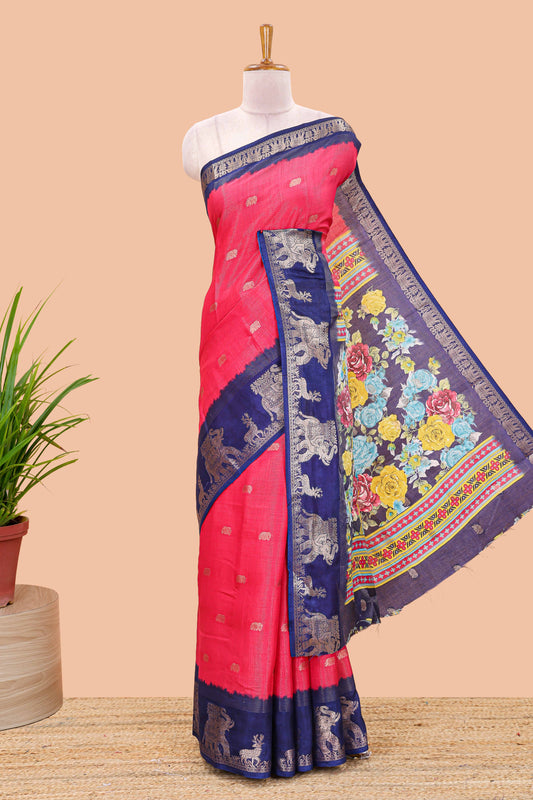 Pink dola silk saree with elephant butta design and kalamkari print blouse