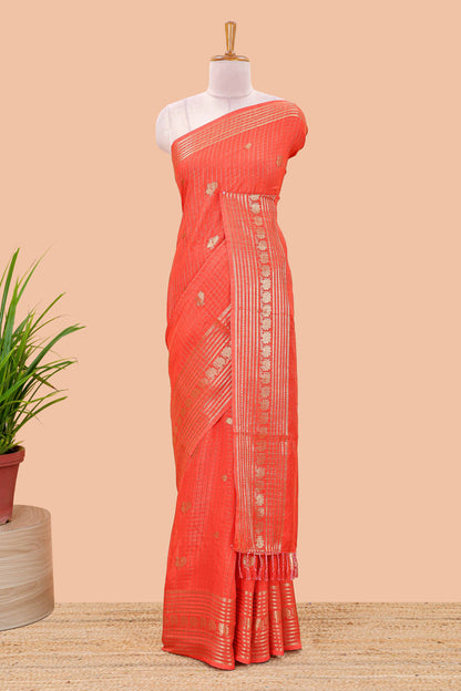 Orange dola silk saree with zari checks, peacock & coin motifs and zari peacock border
