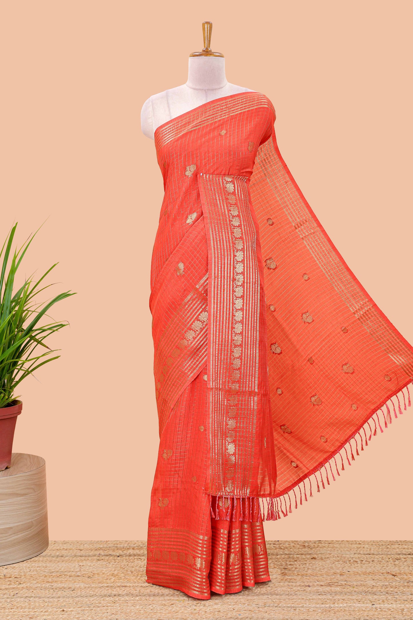 Orange dola silk saree with zari checks, peacock & coin motifs and zari peacock border