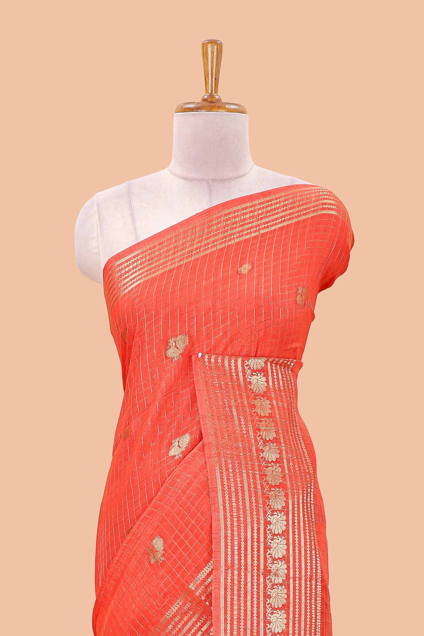 Orange dola silk saree with zari checks, peacock & coin motifs and zari peacock border