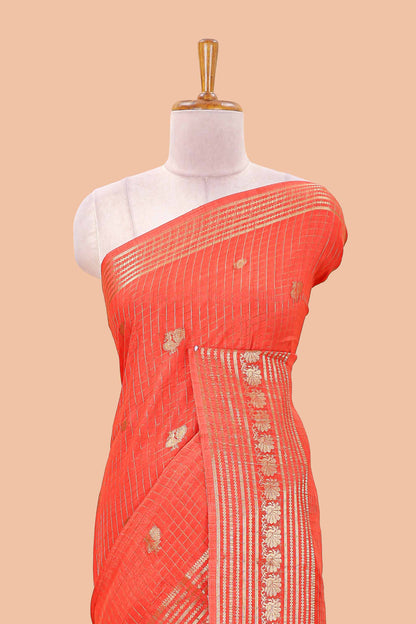 Orange dola silk saree with zari checks, peacock & coin motifs and zari peacock border