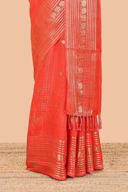 Orange dola silk saree with zari checks, peacock & coin motifs and zari peacock border