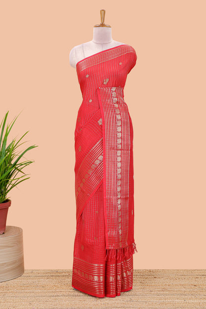 Red dola silk saree with zari checks, peacock & coin motifs and zari peacock border