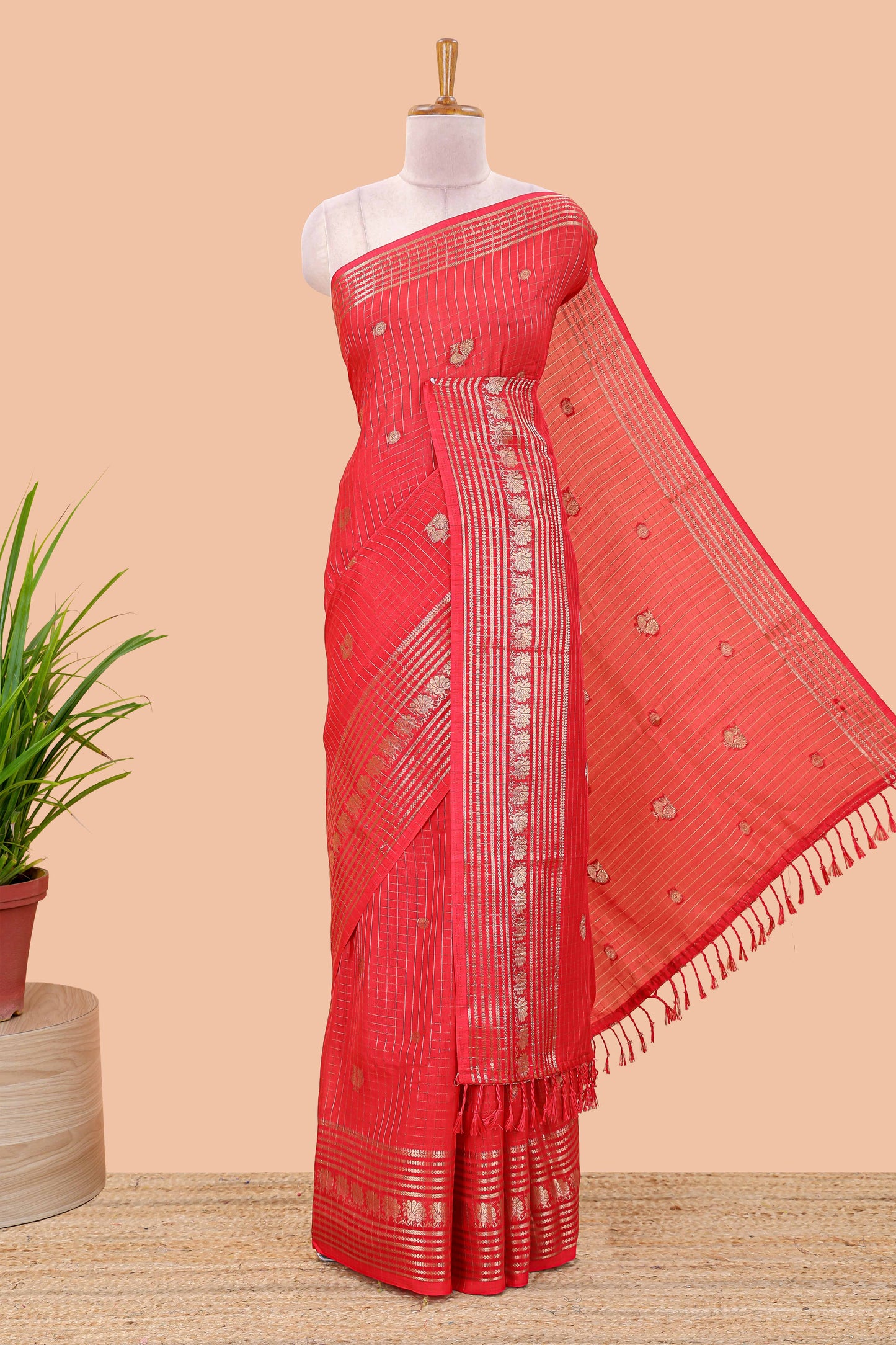 Red dola silk saree with zari checks, peacock & coin motifs and zari peacock border