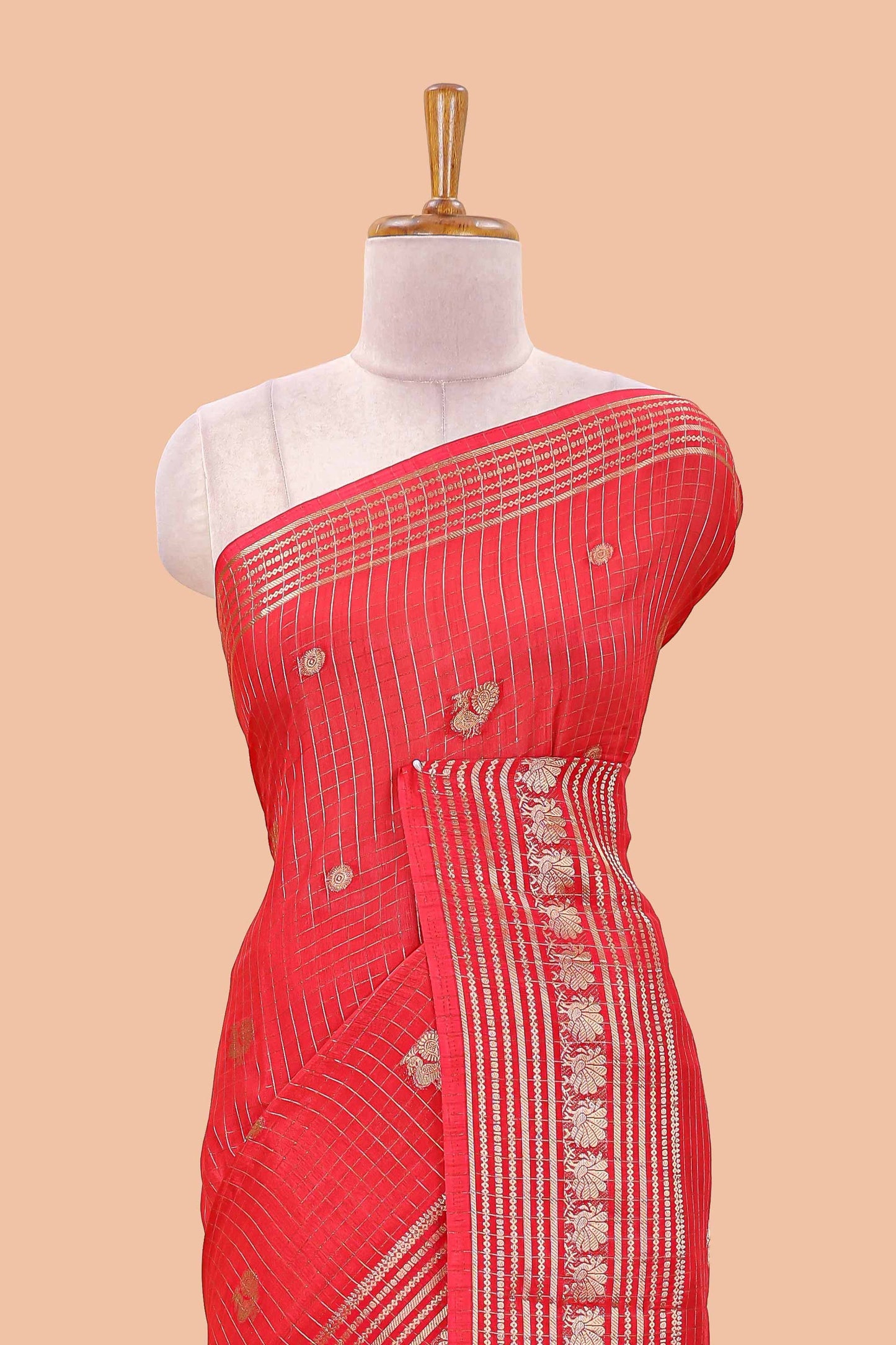 Red dola silk saree with zari checks, peacock & coin motifs and zari peacock border