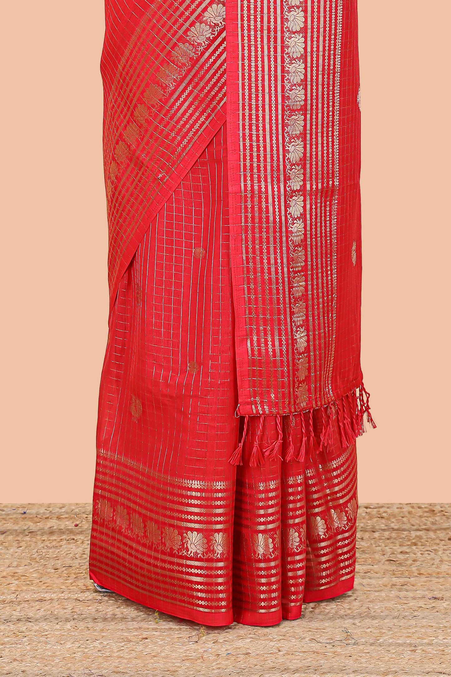 Red dola silk saree with zari checks, peacock & coin motifs and zari peacock border