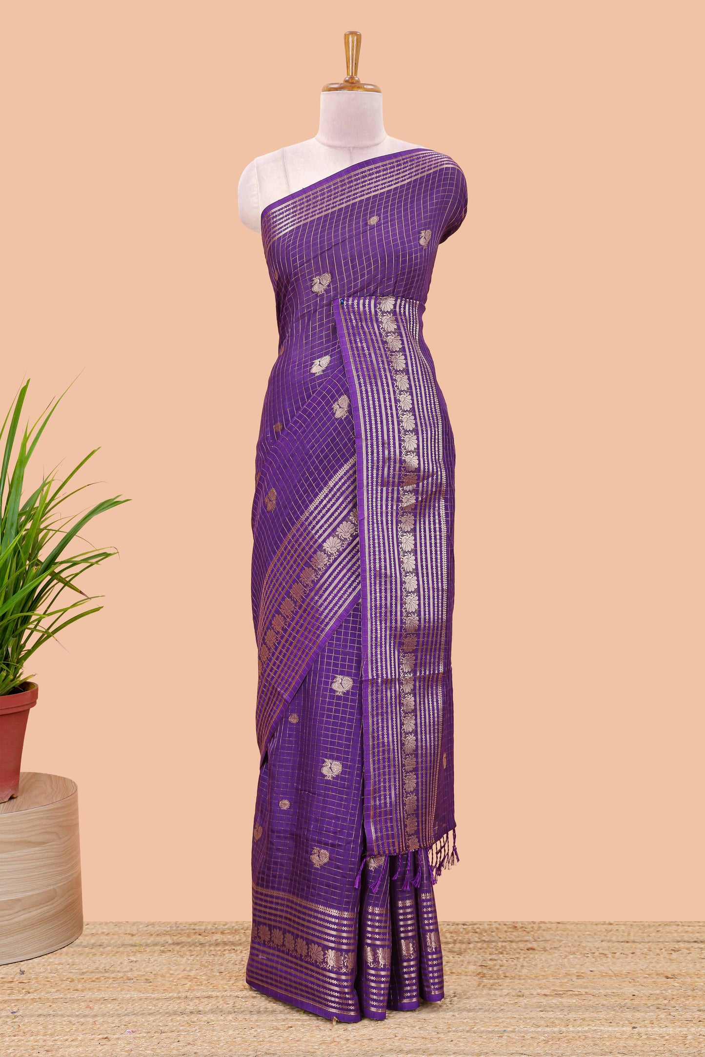 Purple dola silk saree with zari checks, peacock & coin motifs and zari peacock border