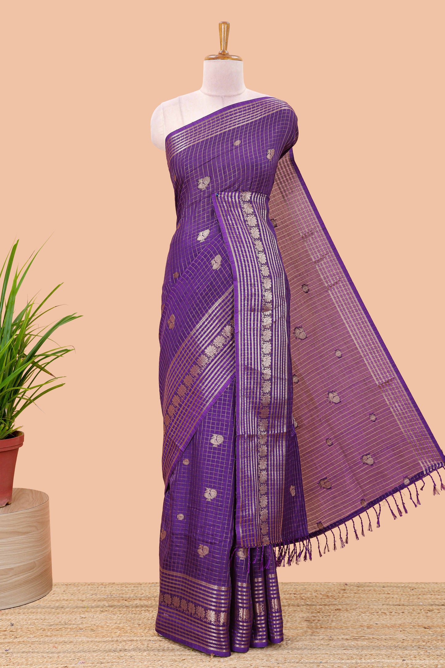 Purple dola silk saree with zari checks, peacock & coin motifs and zari peacock border