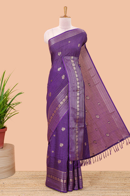 Purple dola silk saree with zari checks, peacock & coin motifs and zari peacock border