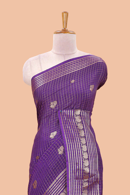 Purple dola silk saree with zari checks, peacock & coin motifs and zari peacock border