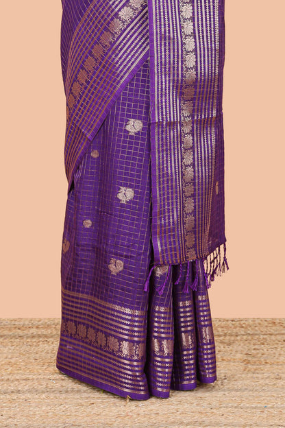 Purple dola silk saree with zari checks, peacock & coin motifs and zari peacock border