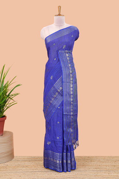 Blue dola silk saree with zari checks, peacock & coin motifs and zari peacock border