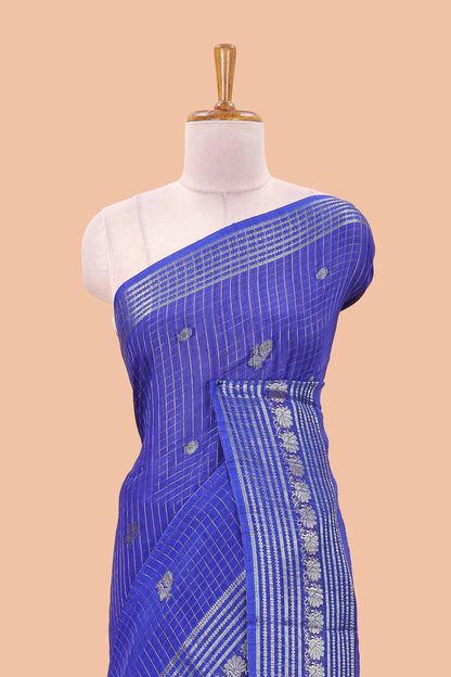 Blue dola silk saree with zari checks, peacock & coin motifs and zari peacock border