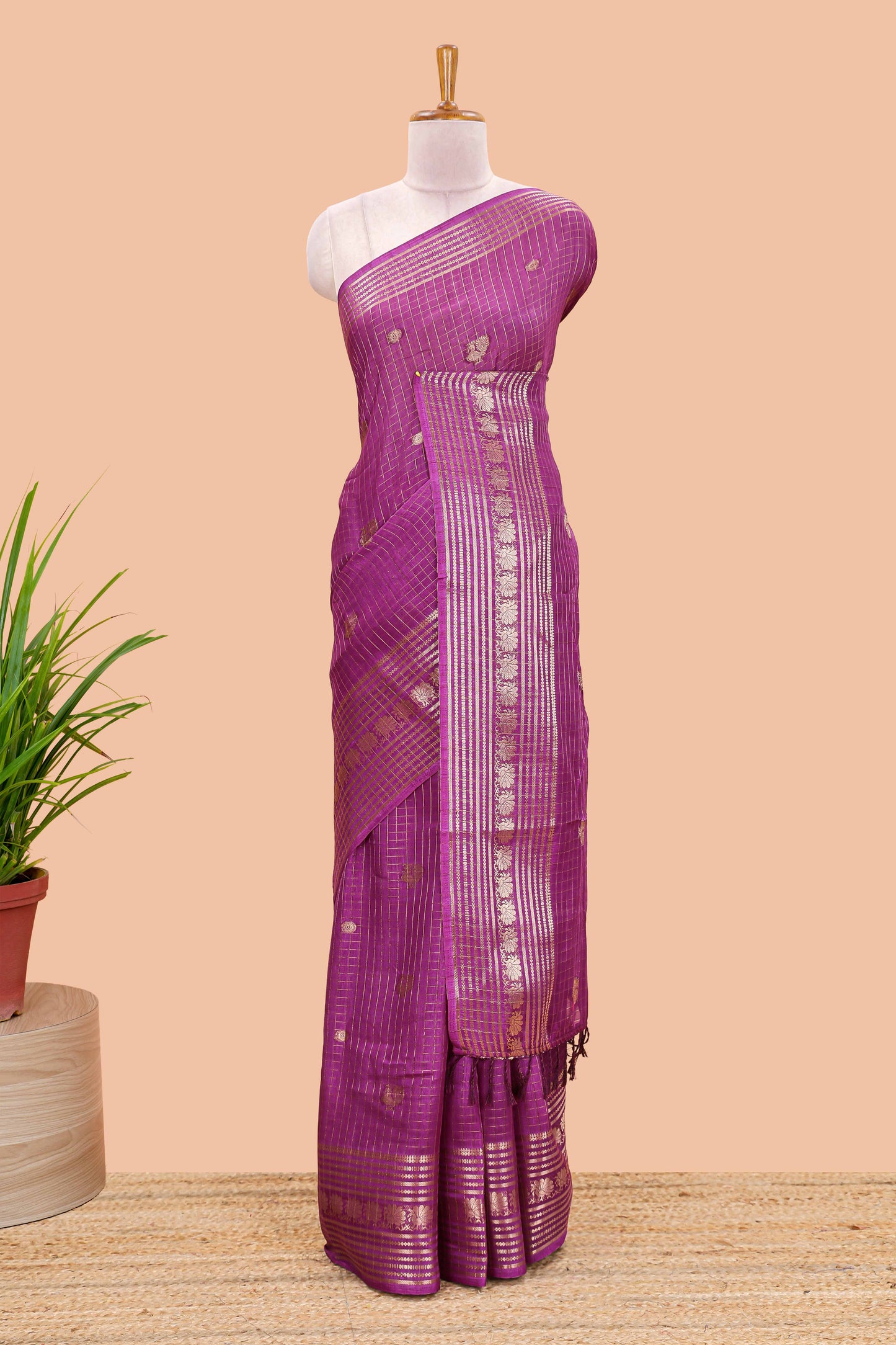 Purple dola silk saree with zari checks, peacock & coin motifs and zari peacock border