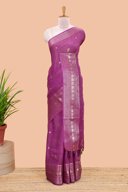Purple dola silk saree with zari checks, peacock & coin motifs and zari peacock border