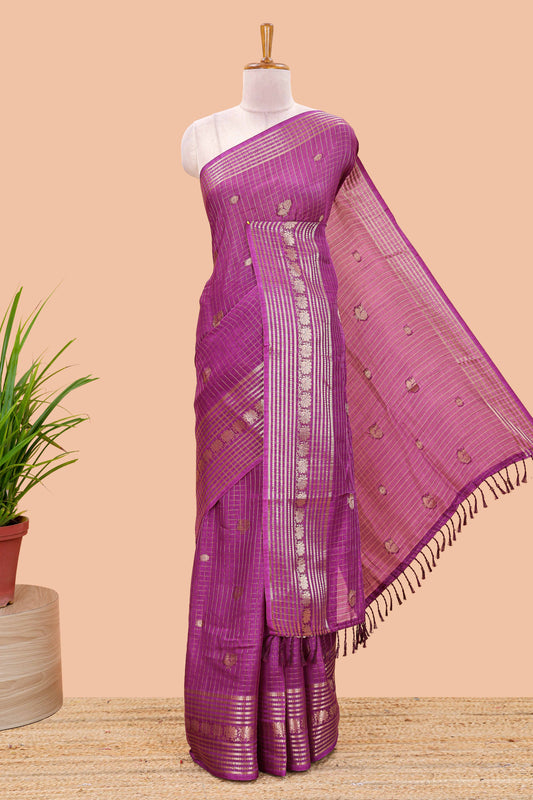 Purple dola silk saree with zari checks, peacock & coin motifs and zari peacock border