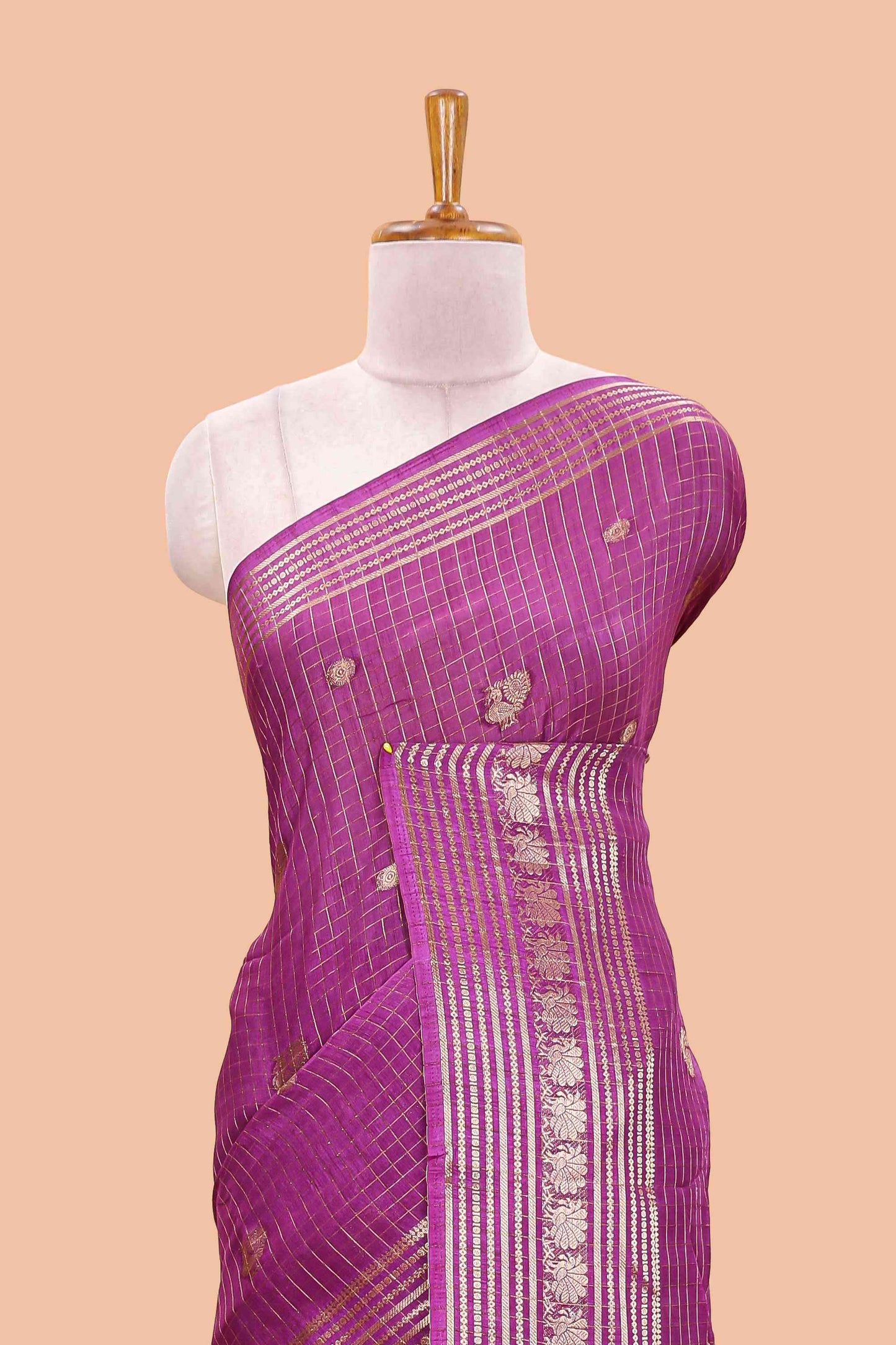 Purple dola silk saree with zari checks, peacock & coin motifs and zari peacock border