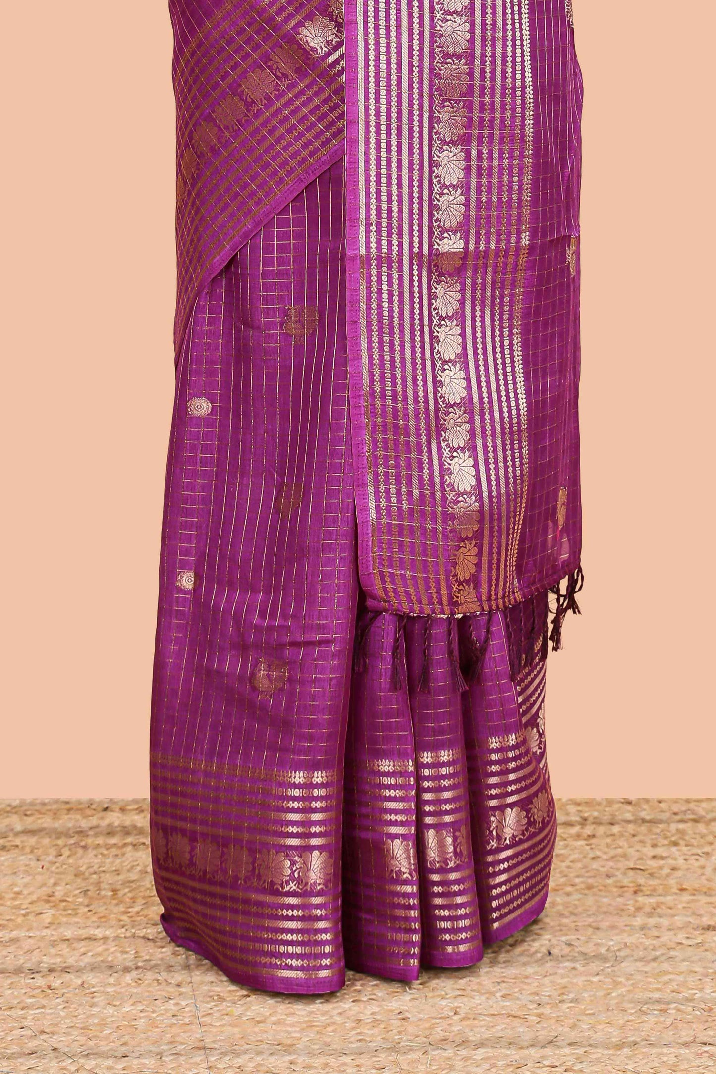 Purple dola silk saree with zari checks, peacock & coin motifs and zari peacock border