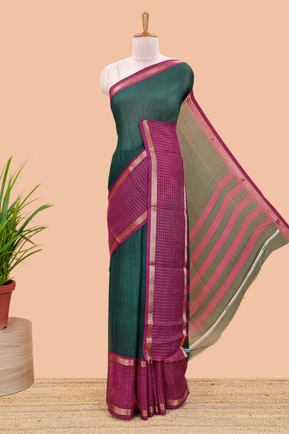 Green marsh georgette saree with classic contrast zari checked border and striped pallu