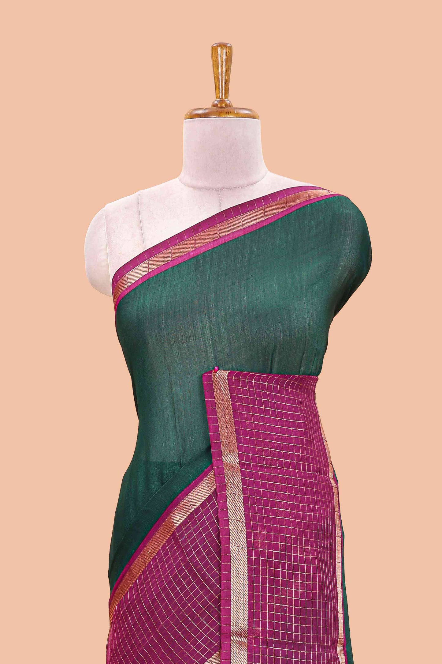 Green marsh georgette saree with classic contrast zari checked border and striped pallu