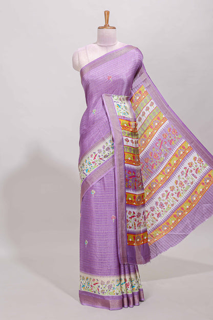 Purple dola silk saree with striped floral motifs and bird & floral bottom design with self zari border and matching blouse