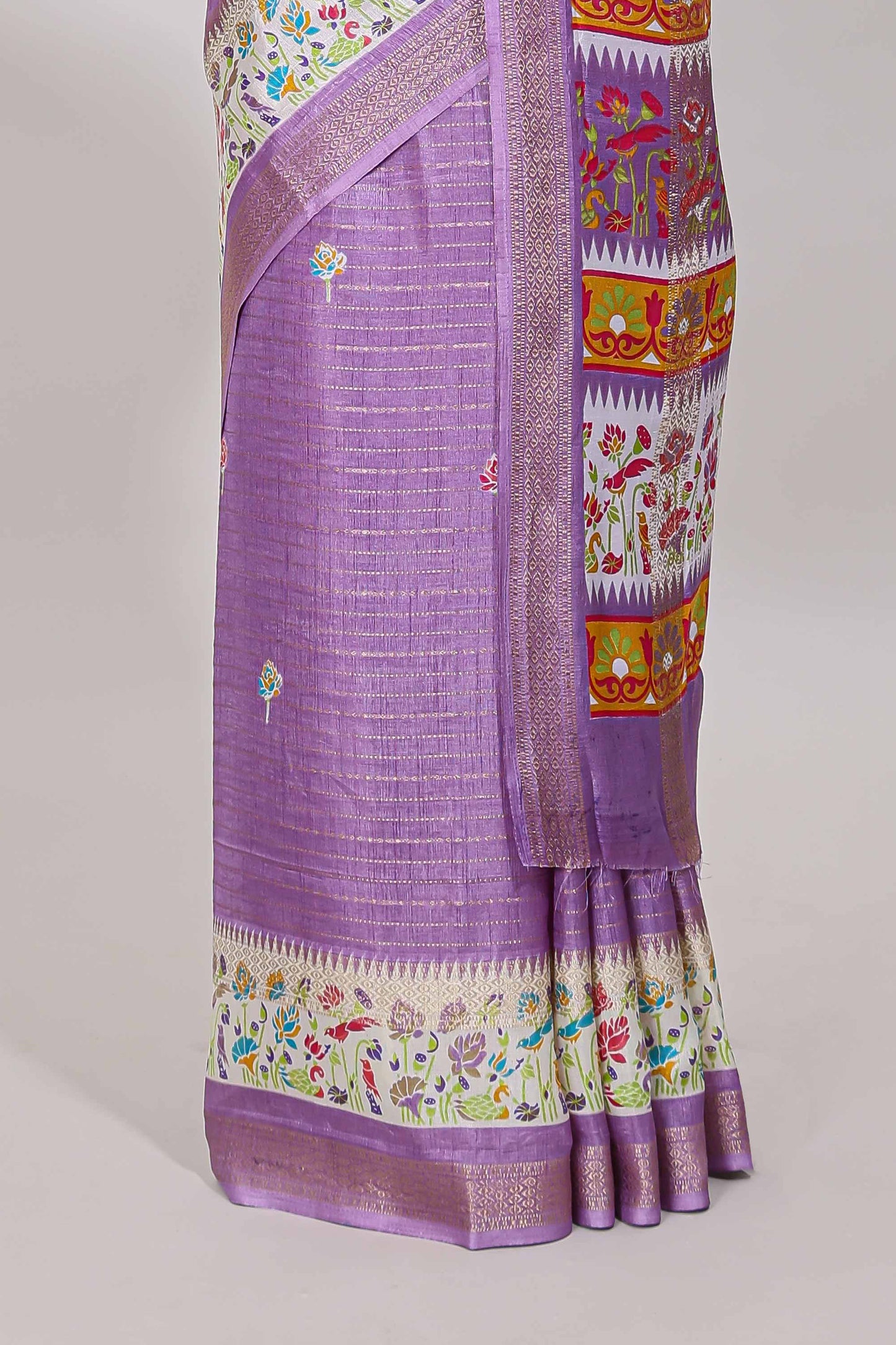 Purple dola silk saree with striped floral motifs and bird & floral bottom design with self zari border and matching blouse