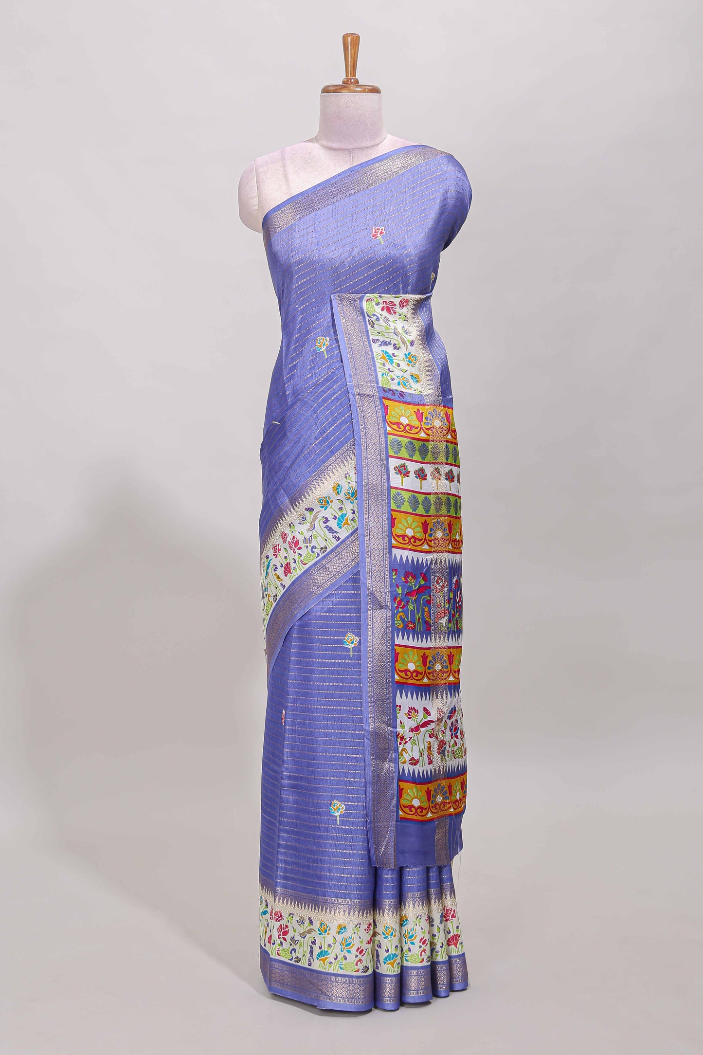 Lavender dola silk saree with striped floral motifs and bird & floral bottom design with self zari border and matching blouse