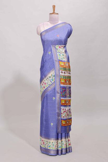 Lavender dola silk saree with striped floral motifs and bird & floral bottom design with self zari border and matching blouse