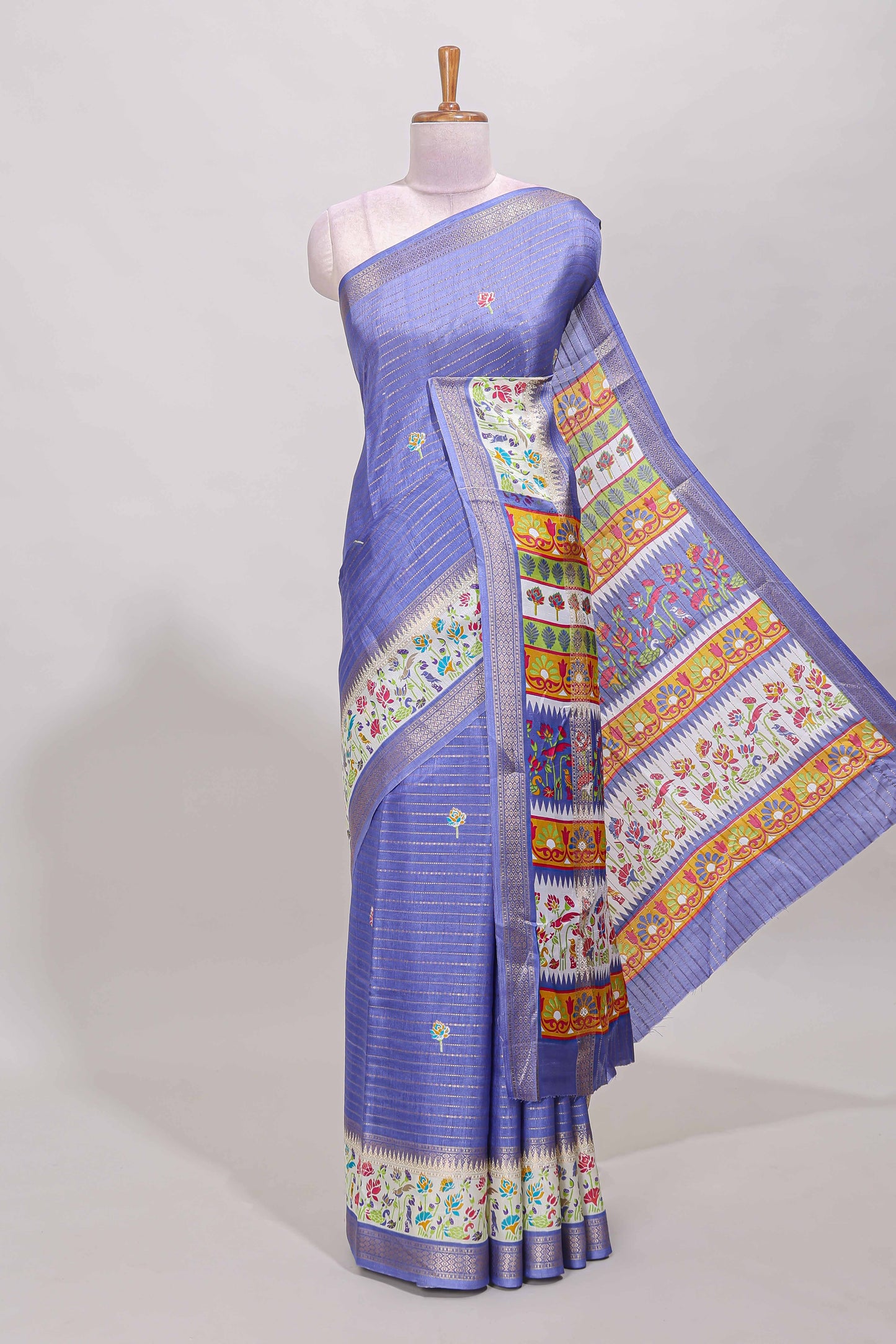 Lavender dola silk saree with striped floral motifs and bird & floral bottom design with self zari border and matching blouse